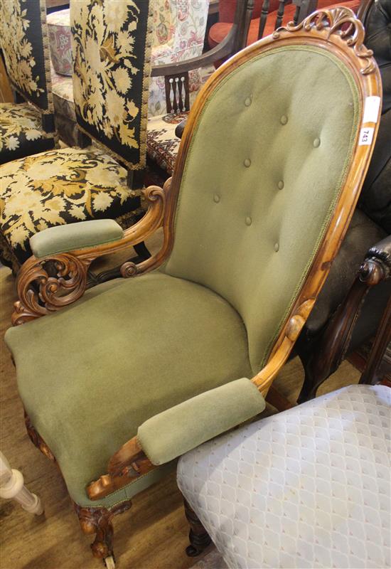 Victorian green velvet showwood armchair